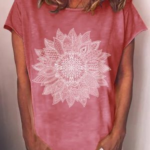 Women's Sunflower Zentangle Print Casual Crew Neck T-Shirt, T-shirts, Lilicloth.com