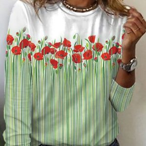 Floral Print Long-Sleeved Crew Neck T-shirt, Long sleeves, Lilicloth.com