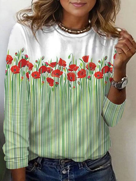 Floral Print Long-Sleeved Crew Neck T-shirt, Long sleeves, Lilicloth.com