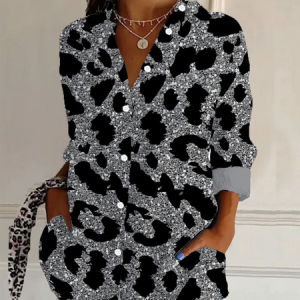 Women's Long Sleeve Shirt Spring/Fall Leopard Buckle Shirt Collar Daily Going Out Casual Top, JustFashionNow Shirts, color:As Picture|size:XXL,