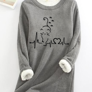 Cat Heartbeat Casual Fluff Fleece Fabric Sweatshirt, Hoodies&Sweatshirts, Lilicloth.com