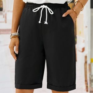 Lace Up Elastic Waistband Loose Shorts, Shorts, color:Black|size:S, catalog Noracora shop