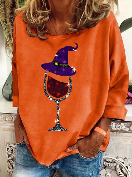 Witch and Wine Glass Print Casual Sweatshirt, Hoodies&Sweatshirts, Lilicloth.com