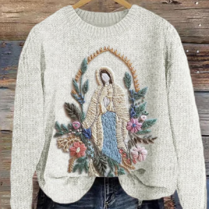 Women's Christian Virgin Mary Floral Knitted Sweatshirt, Sweaters, Lilicloth.com