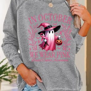 In October We Wear Pink Halloween Ghost Breast Cancer Awareness Warrior Casual Sweatshirt, Hoodies&Sweatshirts, Lilicloth.com