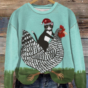Women's Funny Christmas Cat And Sledding Chicken Print Sweatshirt, Hoodies&Sweatshirts, Lilicloth.com