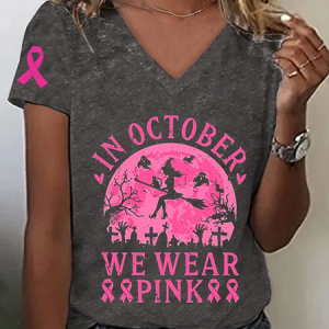 Women's In October We Wear Pink Breast Cancer Awareness Witch Pink Ribbon Print T-Shirt, T-shirts, Lilicloth.com