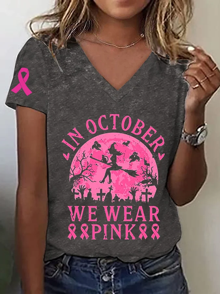 Women's In October We Wear Pink Breast Cancer Awareness Witch Pink Ribbon Print T-Shirt, T-shirts, Lilicloth.com