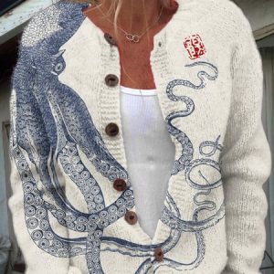 Japanese Octopus Art Button Knitted Sweater Cardigan, Cardigans, Lilicloth.com