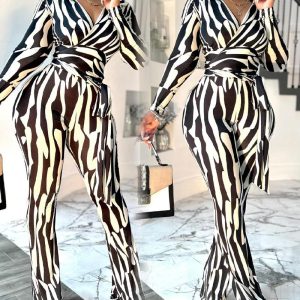Colorblock Zebra Stripe Print V Neck Long Sleeve Jumpsuit Casual Tied Detail Wide Leg Romper, women Two-piece Sets, ChicMe catalog