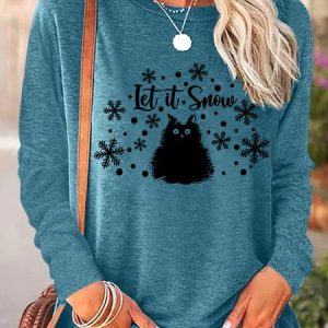 Lilicloth X Yuna Let It Snow With Cat And Snowflake Women's Christmas Long Sleeve T-Shirt, Long sleeves, Lilicloth.com