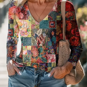 Women's Spring Floral Print Casual Long Sleeve V-Neck T-Shirt, Long sleeves, Lilicloth.com