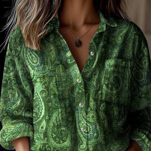 Women's Long Sleeve Shirt Spring/Fall Paisley Shawl Collar Daily Going Out Vintage Top, JustFashionNow Blouses, color:Green|size:4XL,