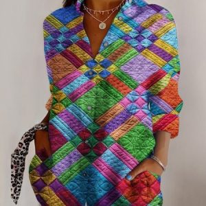 Women's Long Sleeve Shirt Spring/Fall Geometric Shirt Collar Daily Going Out Casual Top, JustFashionNow Blouses, color:Multicolor|size:5XL,