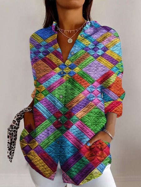 Colorful geometric plaid long sleeved shirt, Blouses, Lilicloth.com