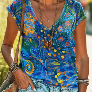 V Neck Casual Abstract Graphic Cotton-Blend T-Shirt, T-shirts, Lilicloth.com