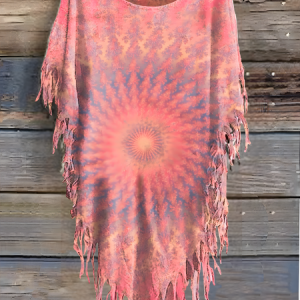 Women's Vintage Tie Dye Print Punk Hippie Batwing Tussle Fringes Poncho T-Shirt, T-shirts, Lilicloth.com