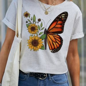 Sunflower And Butterfly Women's Short sleeve tops, T-shirts, Lilicloth.com