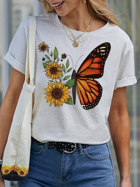 Sunflower And Butterfly Women's Short sleeve tops, T-shirts, Lilicloth.com