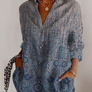 Shirt Collar Long Sleeve Geometric Regular Micro-Elasticity Regular Fit Shirt For Women, Shirts, color:Blue|size:5XL, catalog Noracora shop