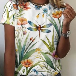 Casual Floral Art Print Crew Neck Short Sleeve T-shirt, T-shirts, color:White|size:4XL, catalog Noracora shop