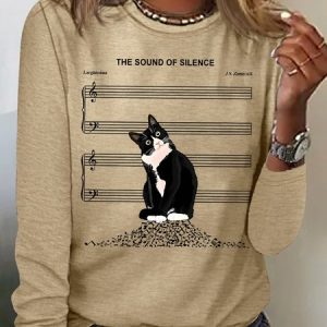 Crew Neck Long Sleeve Text Letters Regular Micro-Elasticity Regular Fit Blouse For Women, Blouses, color:Khaki|size:3XL, catalog Noracora shop