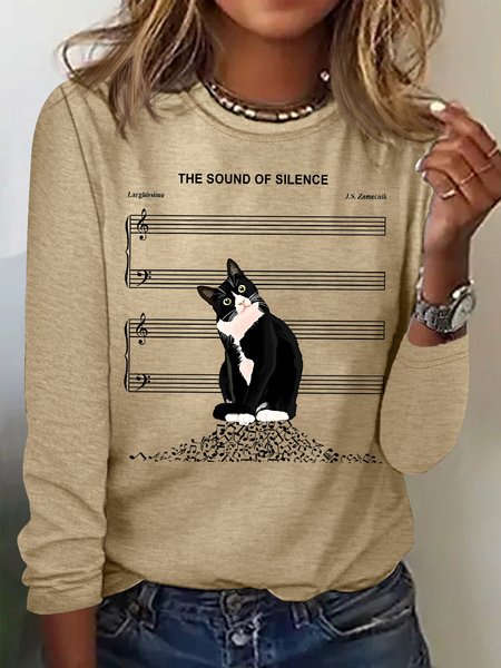 Women's The Sound Of Silence Funny Cute Cat Musical Staff Graphic Printing Casual Regular Fit Cat Crew Neck Shirt, Long sleeves, Lilicloth.com