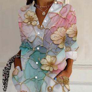 Shirt Collar Long Sleeve Floral Buckle Regular Loose Button Up Shirt Shirt For Women, Shirts, color:As Picture|size:3XL, catalog Noracora shop