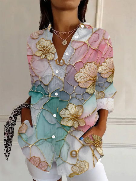 Women's Long Sleeve Shirt Spring/Fall As Picture Floral Buckle Shirt Collar Daily Going Out Casual Top, Blouses, Lilicloth.com - Image 14