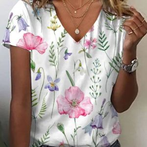 Casual Floral V Neck Short Sleeve T-shirt, T-shirts, color:White|size:XXL, catalog Noracora shop