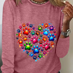 Colorful Paws Heart Casual Long Sleeve Shirt, Long sleeves, Lilicloth.com