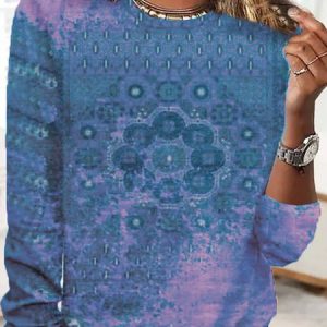 Casual Crew Neck Ethnic Loose T-Shirt, Long sleeves, Lilicloth.com