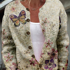 Butterfly Crew Neck Casual Cardigan, Cardigans, Lilicloth.com