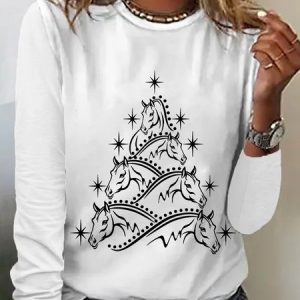 Women's Horse Tree Simple Crew Neck Regular Fit Cotton-Blend Top, Long sleeves, Lilicloth.com