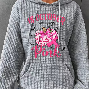 In October We Wear Pink Retro Breast Cancer Pumpkin Breast Cancer Awareness Simple Loose Hoodie, Hoodies&Sweatshirts, Lilicloth.com