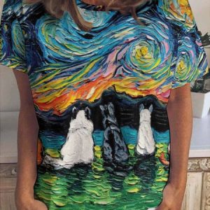 Women's Dog Lover Art Print Casual Crew Neck T-Shirt, T-shirts, Lilicloth.com