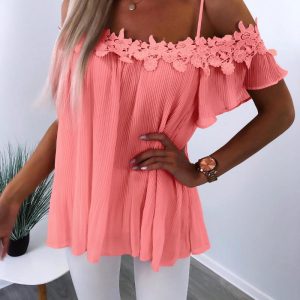 Contrast Lace Cold Shoulder Short Sleeve Ruched Blouse Casual Loose Fit Top, women Blouses & Shirts, ChicMe catalog
