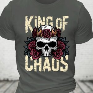 King of Chaos Skull Rose Crown Design Cotton T-shirt, T-shirts, Lilicloth.com