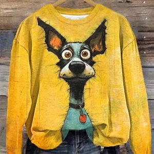 Women's Cute Art Dog Print Crew Neck Sweatshirt, Hoodies&Sweatshirts, Lilicloth.com