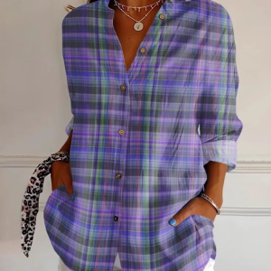 Women's Purple Art Plaid Print Casual Long Sleeve Shirt, Blouses, Lilicloth.com