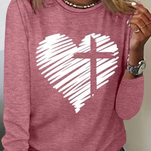 Women's Jesus Heart and Cross Simple Crew Neck Top, Long sleeves, Lilicloth.com