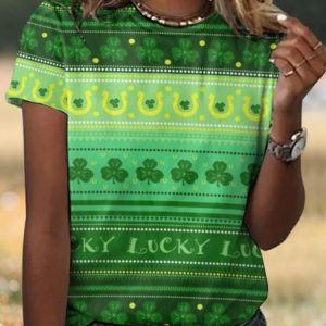Casual St. Patrick's Day Striped Crew Neck Short Sleeve T-shirt, T-shirts, color:Green|size:4XL, catalog Noracora shop