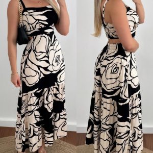 Floral Print Adjustable Straps Cutout Waist Shirred Backless Maxi Dress Casual Elastic Back Waist Ruffle Hem Vacation Dress, women Print Dresses, ChicMe catalog