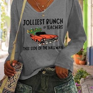Jolliiest Bunch Of Teachers Casual V-Neck Long Sleeve Shirt, Long sleeves, Lilicloth.com