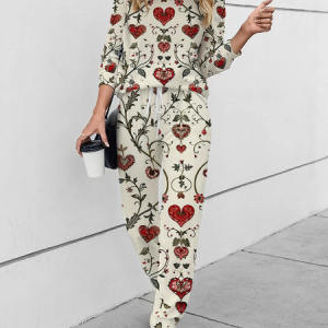 Women Floral Crew Neck Long Sleeve Comfy Casual Printing Top With Pants Two-Piece Set, Sets, color:Apricot|size:3XL, catalog Noracora shop