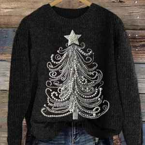 Women's Christmas Tree Print Knitted Crew Neck Sweater, Sweaters, Lilicloth.com