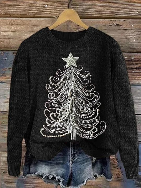 Women's Christmas Tree Print Knitted Crew Neck Sweater, Sweaters, Lilicloth.com