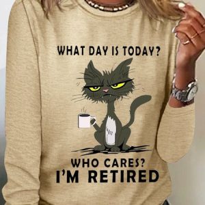 Women's Who Cares I'm Retired Funny Cat Cotton-Blend Long Sleeve Top, Long sleeves, Lilicloth.com