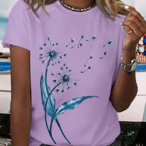 Women's Dandelion Print Casual Cotton Crew Neck T-Shirt, T-shirts, Lilicloth.com