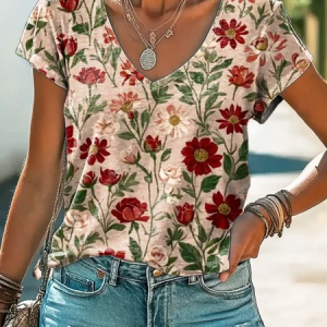 Women's Short Sleeve Tee T-shirt Summer Floral Printing V Neck Casual Graphic Tee Top, JustFashionNow T-Shirts, color:As Picture|size:XXL,